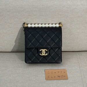 CHANEL Black Lambskin Quilted Pearl Handle Mini Flap Bag GHW
